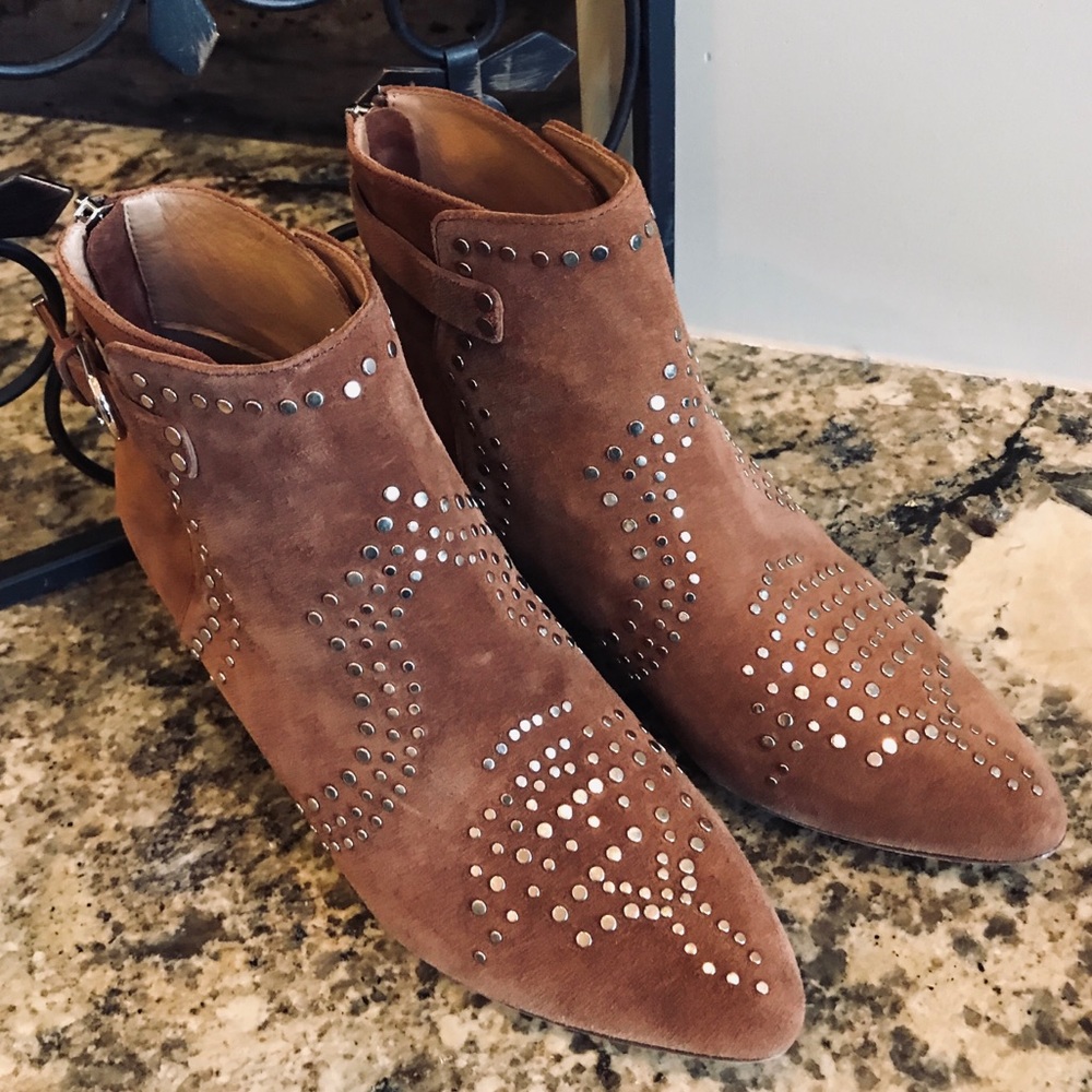 JOIE ANKLE BOOTS SZ 6.5 BICKSON BROWN SUEDE SILVER METAL STUDS COWGIRL WESTERN